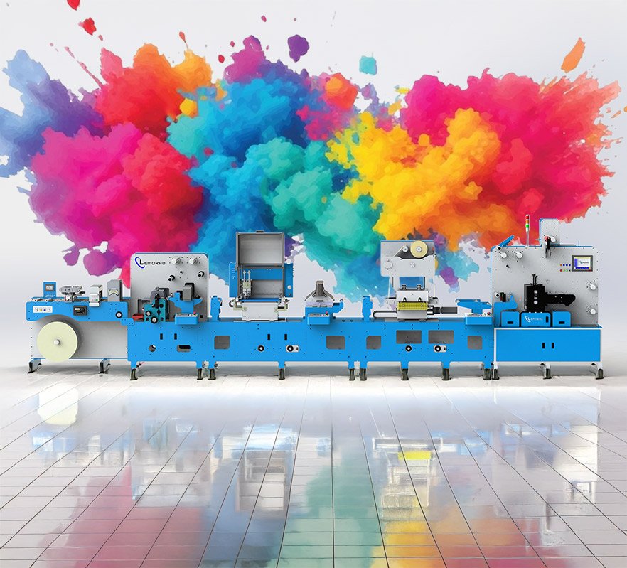 Máquina modular Lemorau MEBR+ para finishing de etiquetas con estaciones configurables de stamping, flexo y barniz.