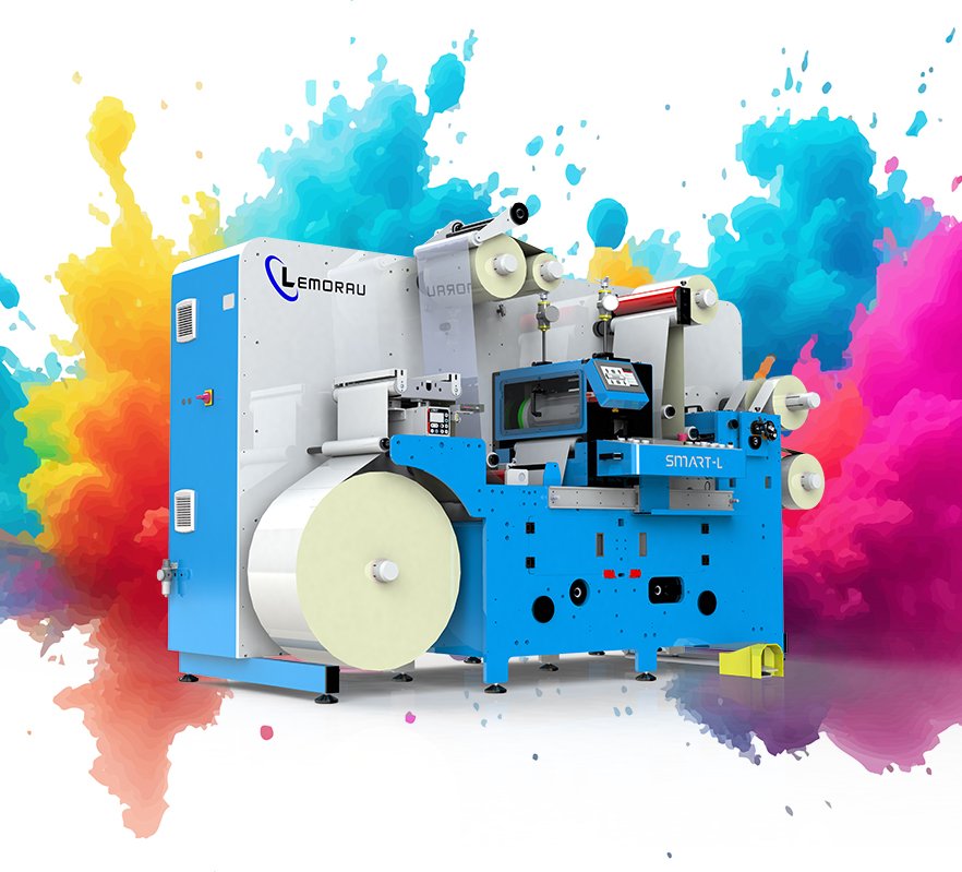 Troqueladora semirotativa Lemorau SMART-L vista lateral de una máquina robusta para conversión de etiquetas.